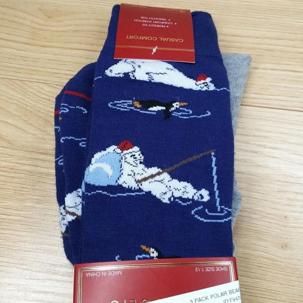 PERRY ELLIS Dress Socks 3-Pack Blue Black Gray Polar Bear Winter Stripe Solid